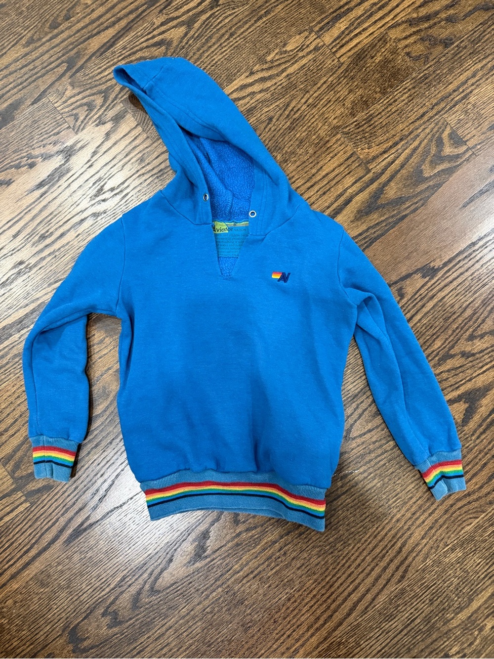 Aviator Nation Bright Blue Kids Hoodie with Rainbow Trim